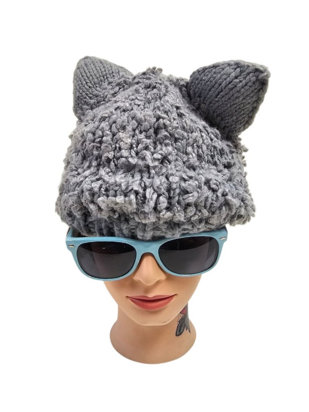 Chunky Gray wolf eared beanie
